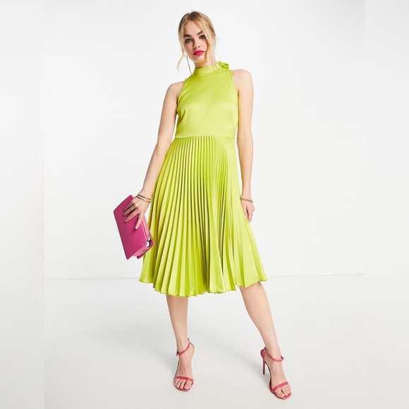 Closet Dresses & Skirts - NWT Closet London - High neck mid-length pleated dress in Lime size 10
